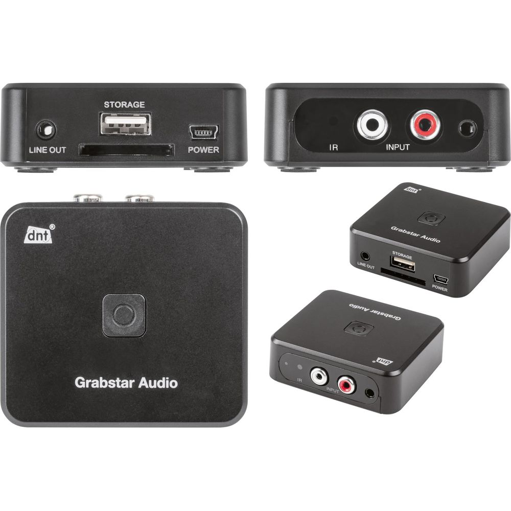 Quattro viste di un dispositivo Grabstar Audio nero con porte ed etichette.