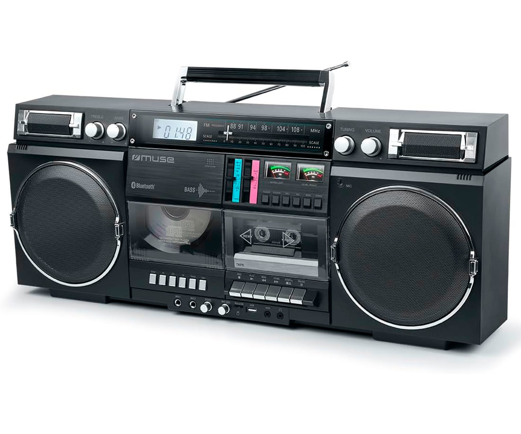 Boombox nero con lettore CD e musicassette, altoparlanti e antenna.