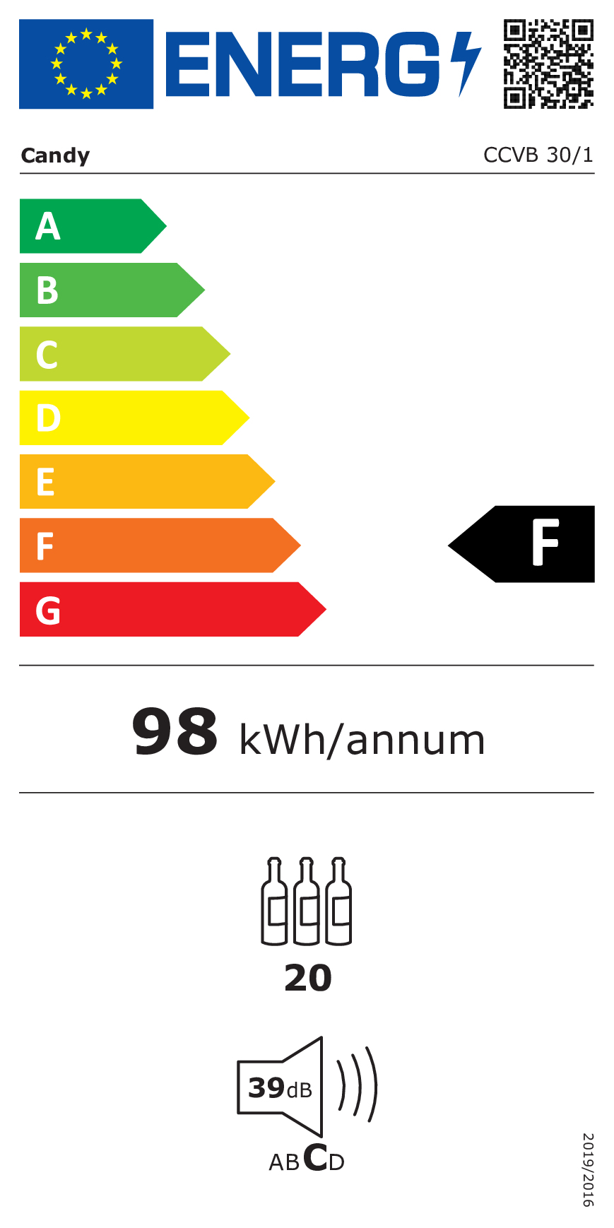 Energy label with F rating, 98 kWh/year, 20 bottle capacity, 39 dB.