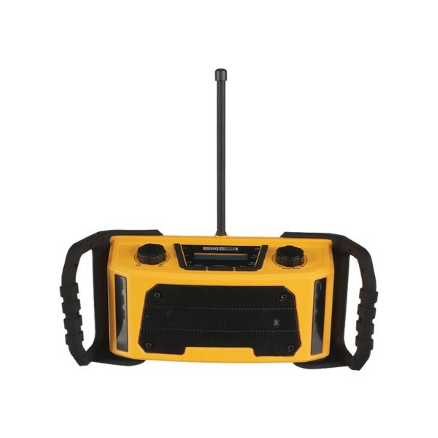 Radio gialla con manici neri e antenna. Fronte con altoparlante e display.