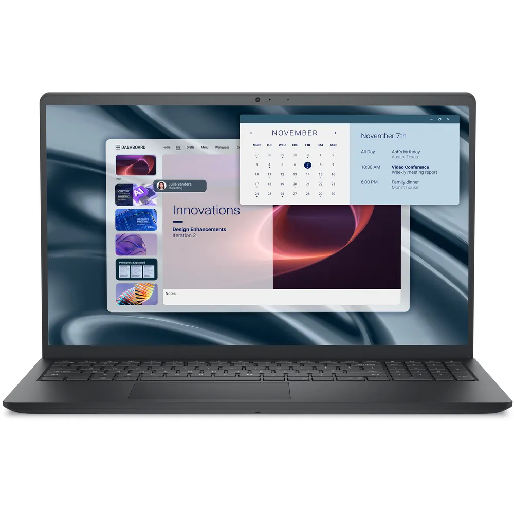 Laptop, takvim, notlar ve tasarım yenilikleri içeren bir kontrol panelini gösteriyor.