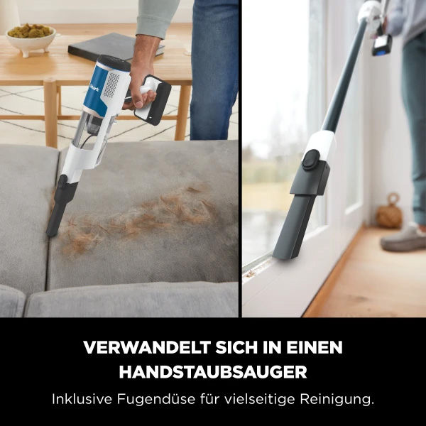 Ein Handstaubsauger reinigt ein Sofa und eine Fensterbank.