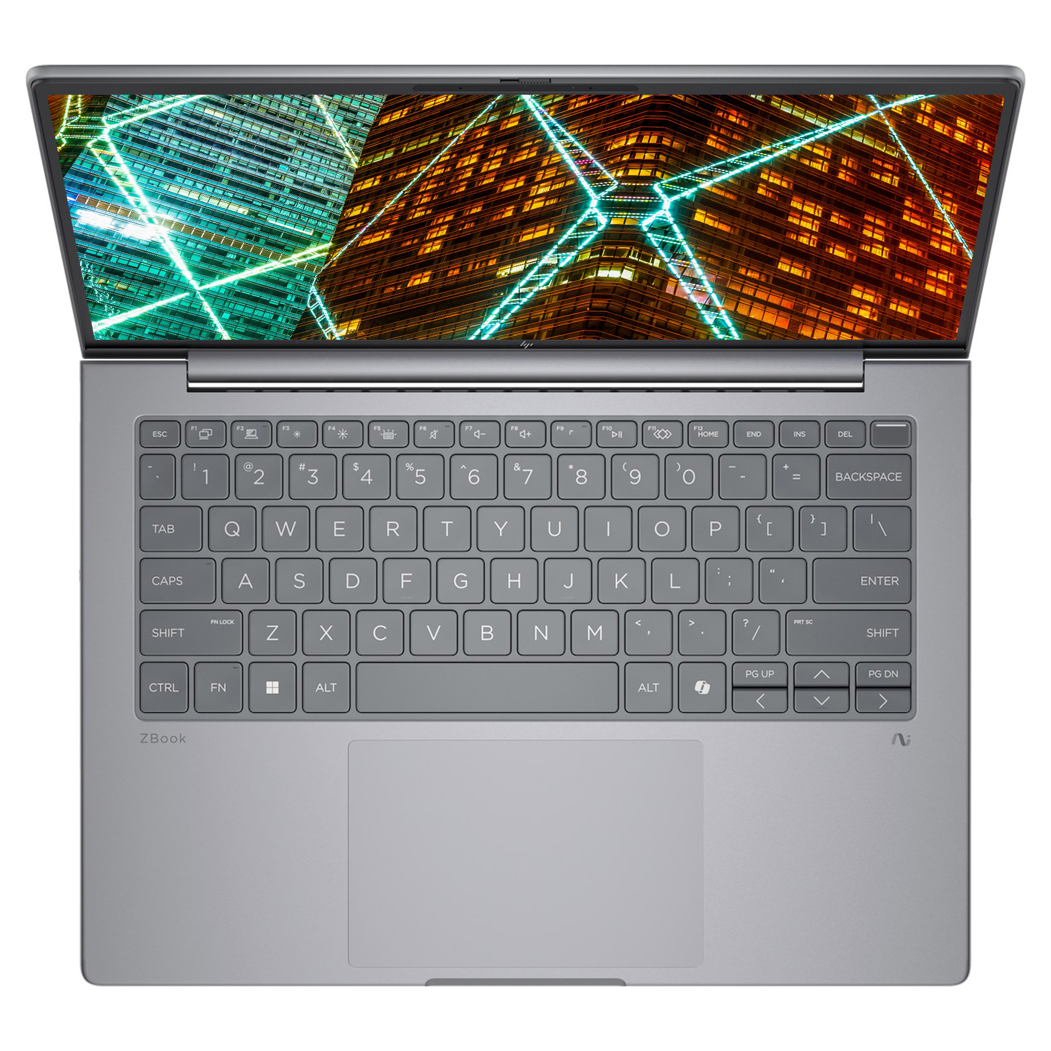 Gümüş rengi HP ZBook dizüstü bilgisayar açık, ekranda neon ışıklı canlı şehir manzarası gösteriyor.