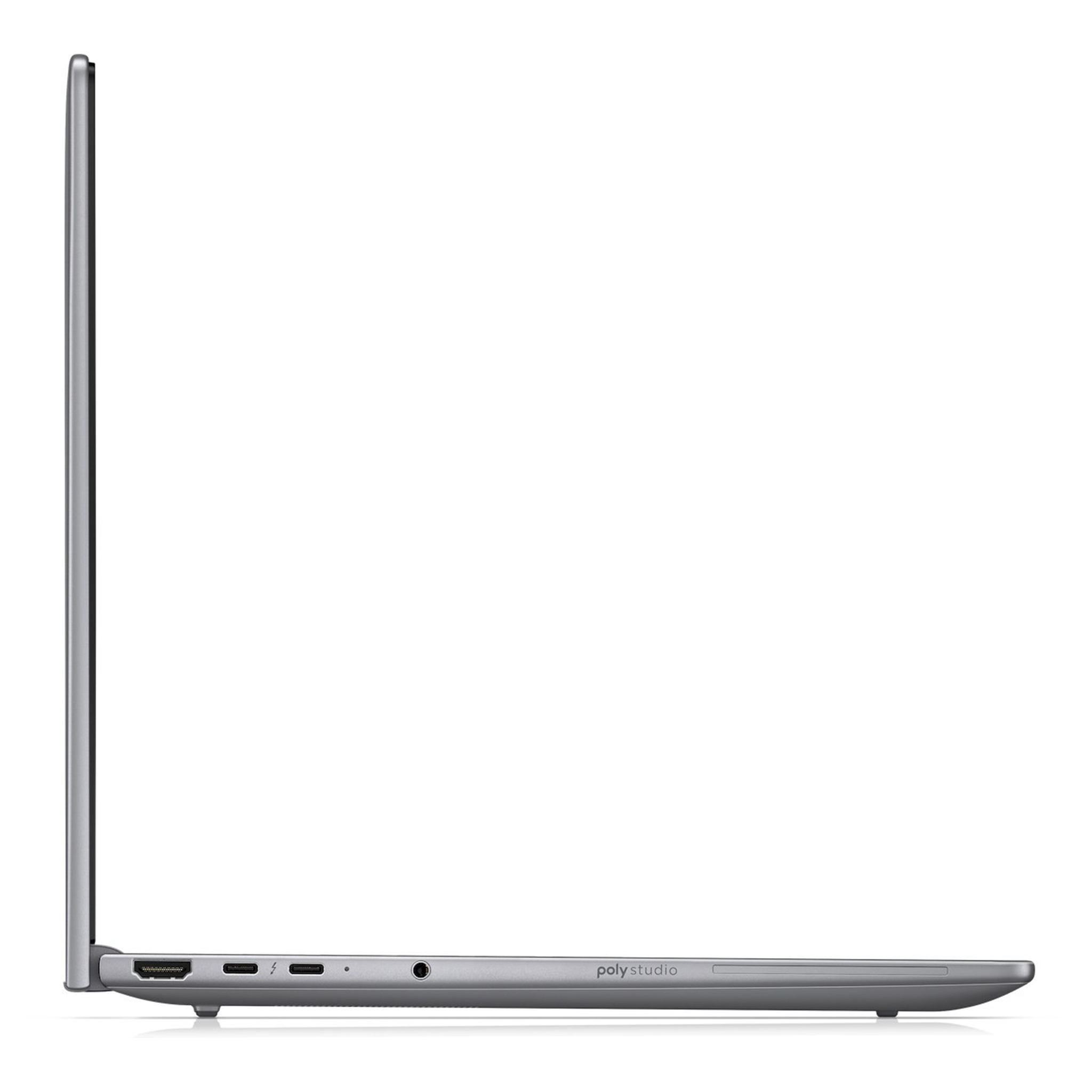 Gümüş laptop yan görünüm, bağlantı noktaları: HDMI, USB-C, güç.
