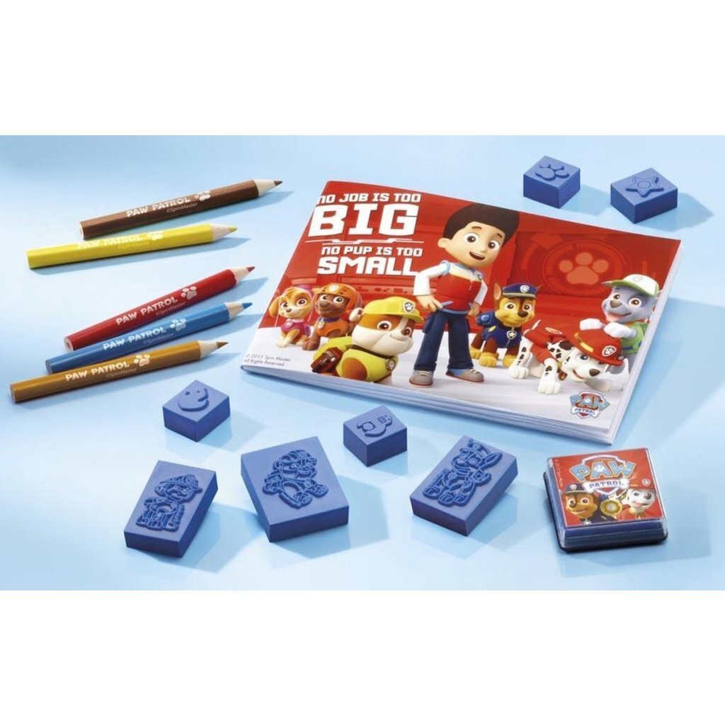 Libro de Paw Patrol con lápices, sellos y un juego.