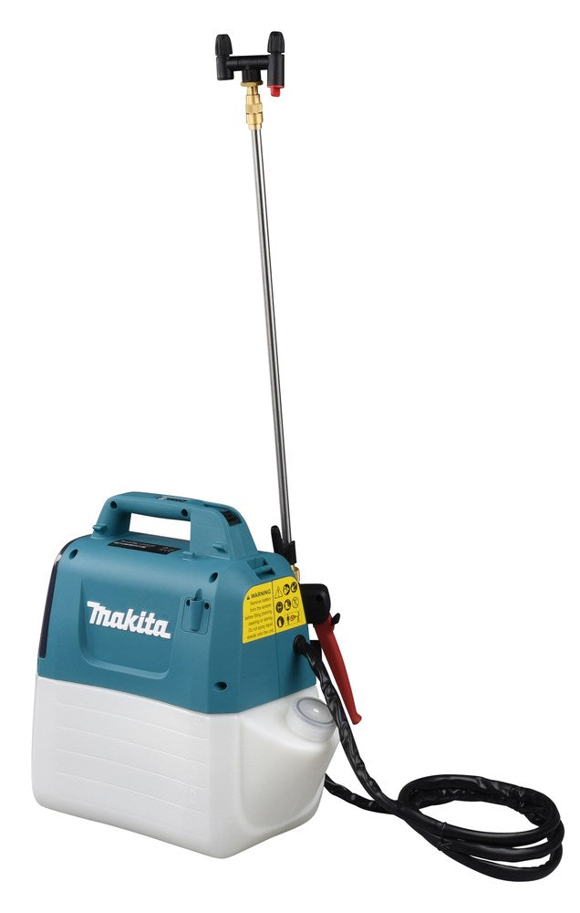 Ein türkisfarbener Makita-Sprühbehälter mit weißem Tank, Schlauch und Sprühstab.