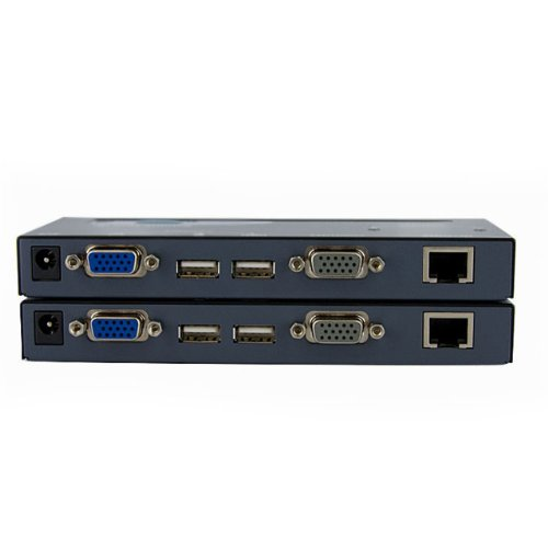 Twee grijze KVM-switches met stroom-, USB- en VGA-poorten.