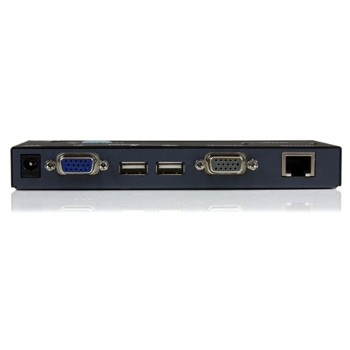 Achterkant van een zwart apparaat met stroom-, VGA-, 2x USB- en Ethernet-poorten.