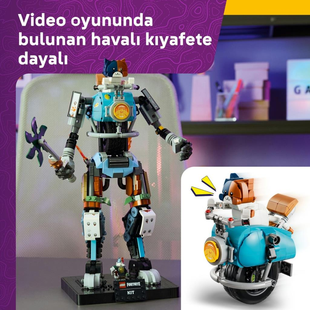 Kedi başlı Lego robot ve tek tekerlekli bisiklet üzerinde Lego karakter.