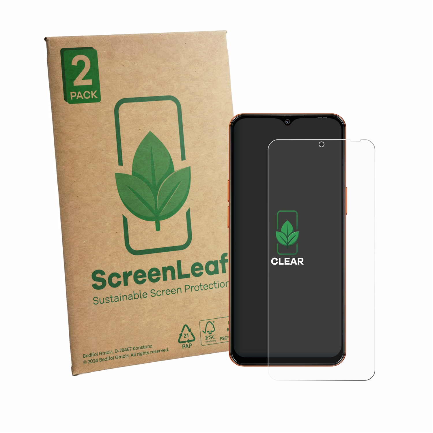Zwei Packungen Displayschutzfolie und ein Smartphone mit Schutzfolie.