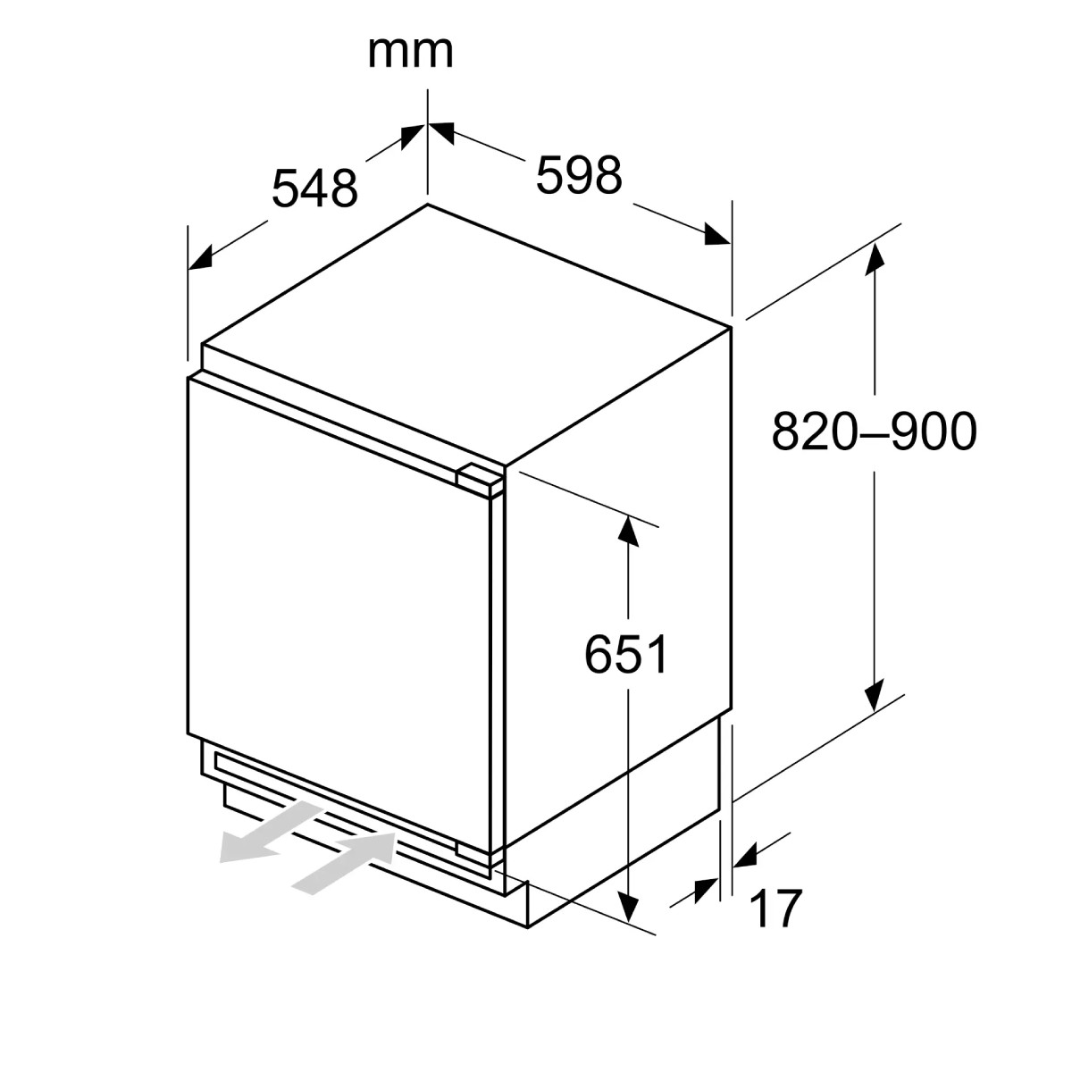 Technical drawing of an appliance showing dimensions: 598mm width, 548mm depth, 820-900mm height.