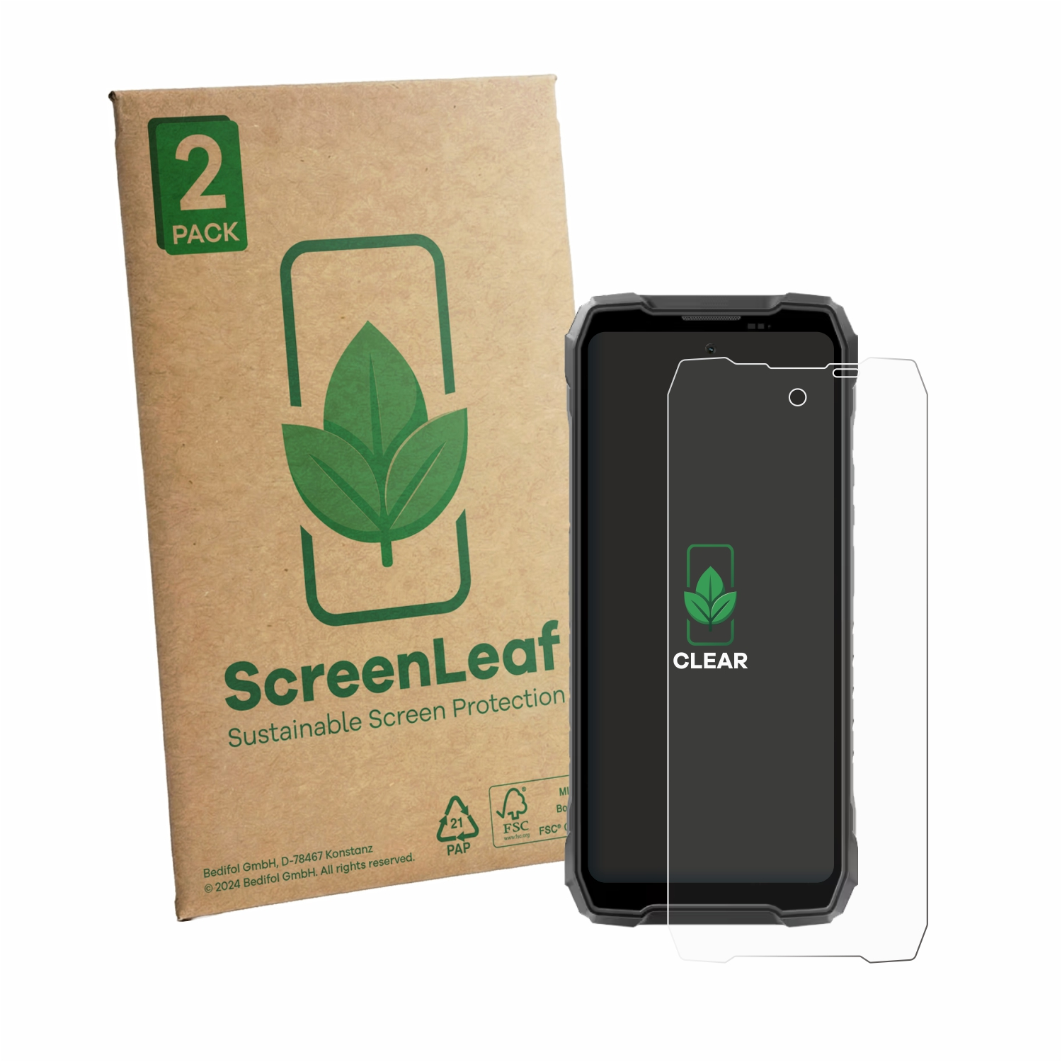 Eine Packung "ScreenLeaf" Displayschutzfolien mit einem Smartphone und einer Schutzfolie.