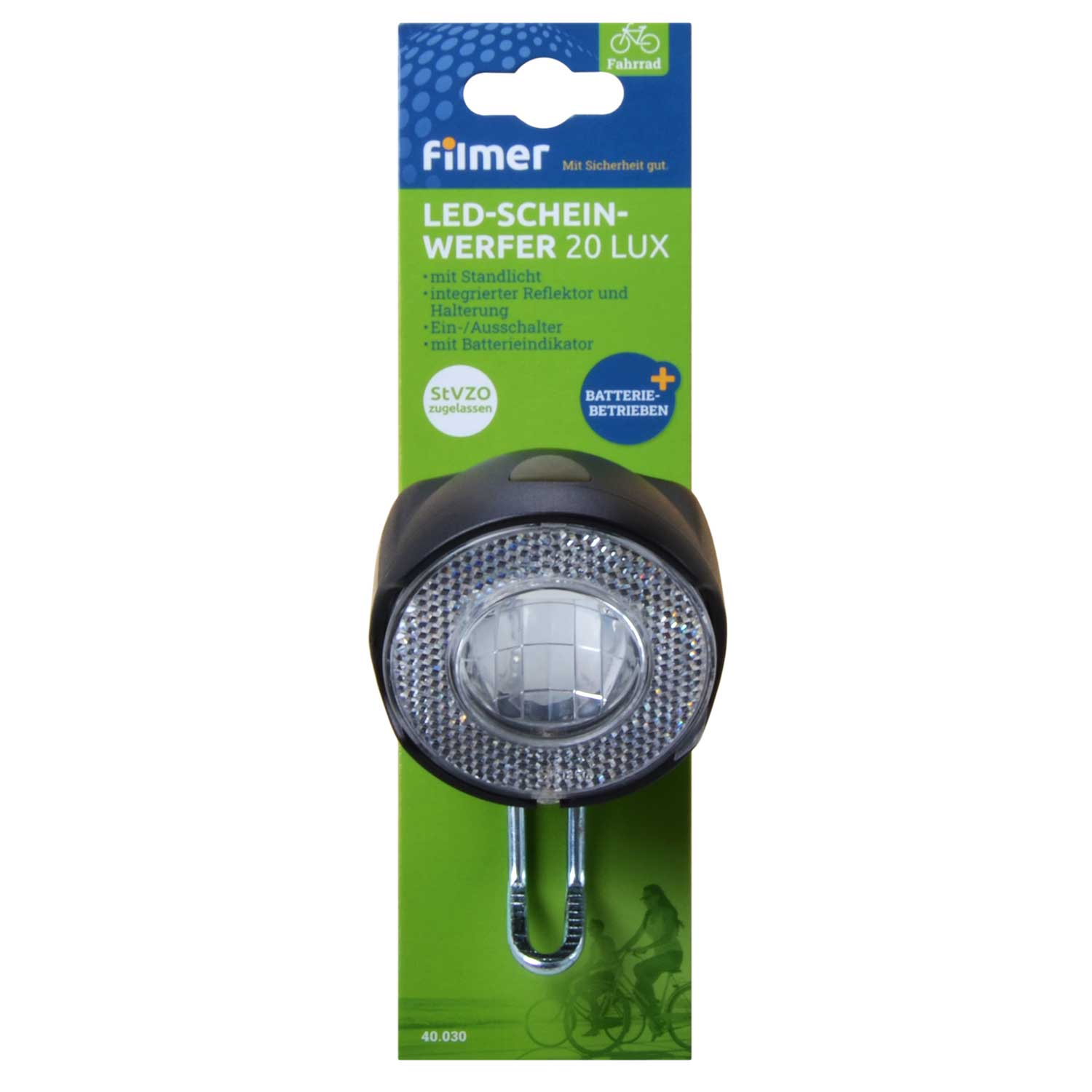Eine Fahrradlampe mit LED-Scheinwerfer, 20 Lux, Batterien betrieben.