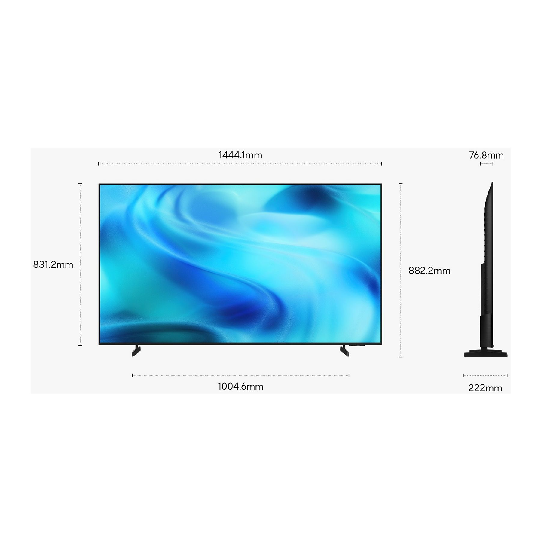 Una moderna TV nera con schermo a motivi astratti blu, vista frontalmente e lateralmente con dimensioni.