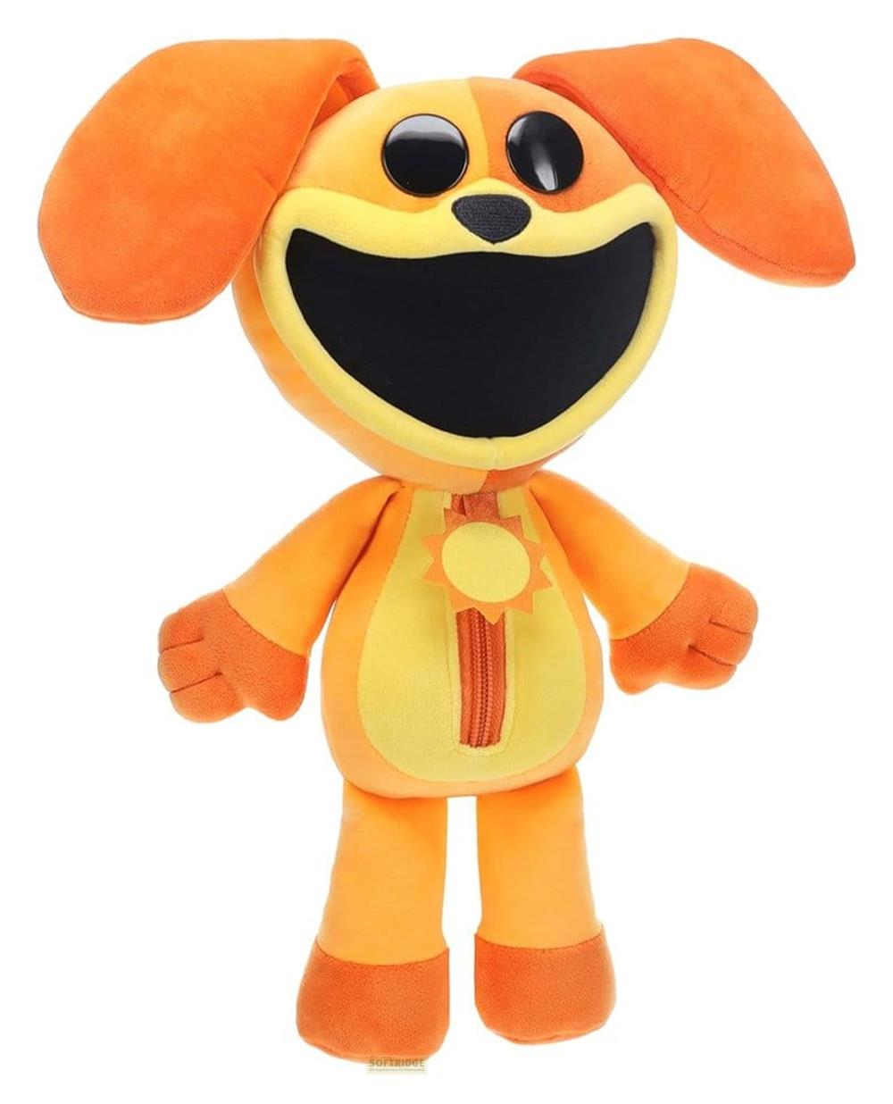 Un perro de peluche naranja con grandes ojos negros y boca abierta.