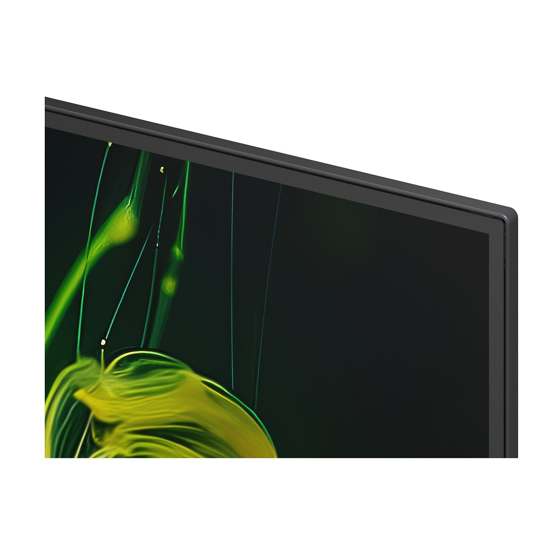 Parte di un monitor scuro con un motivo astratto verde e giallo.