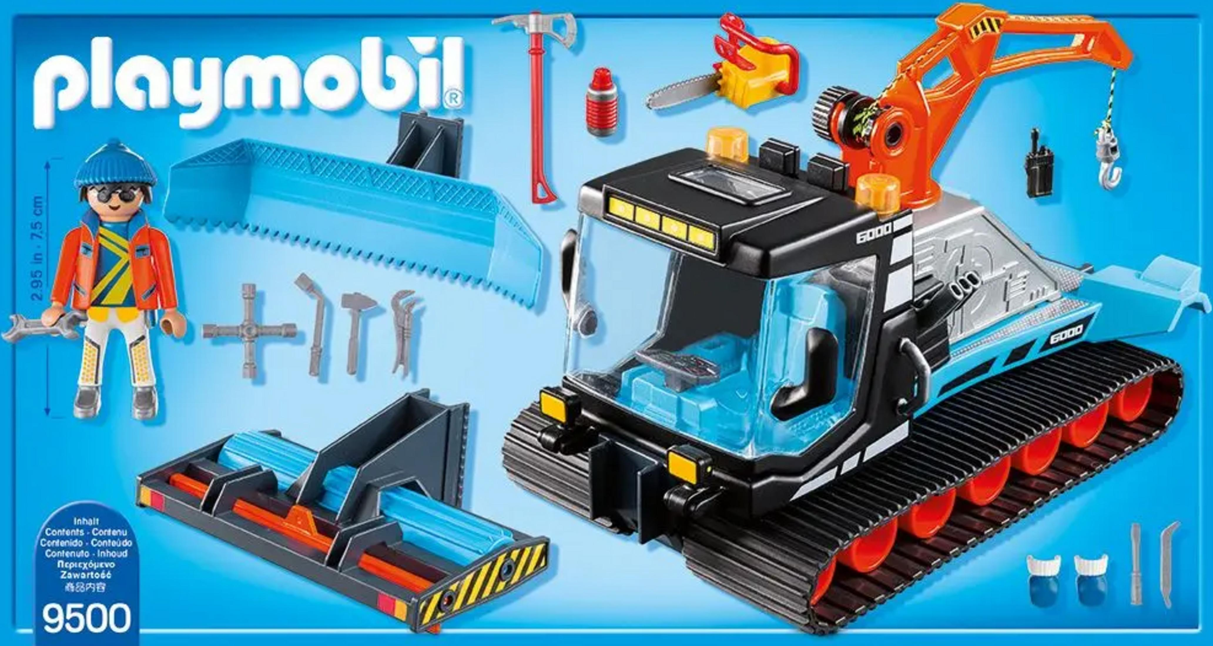 Playmobil Baukran-Set mit Figur, Werkzeugen und Zubehör auf blauem Hintergrund.