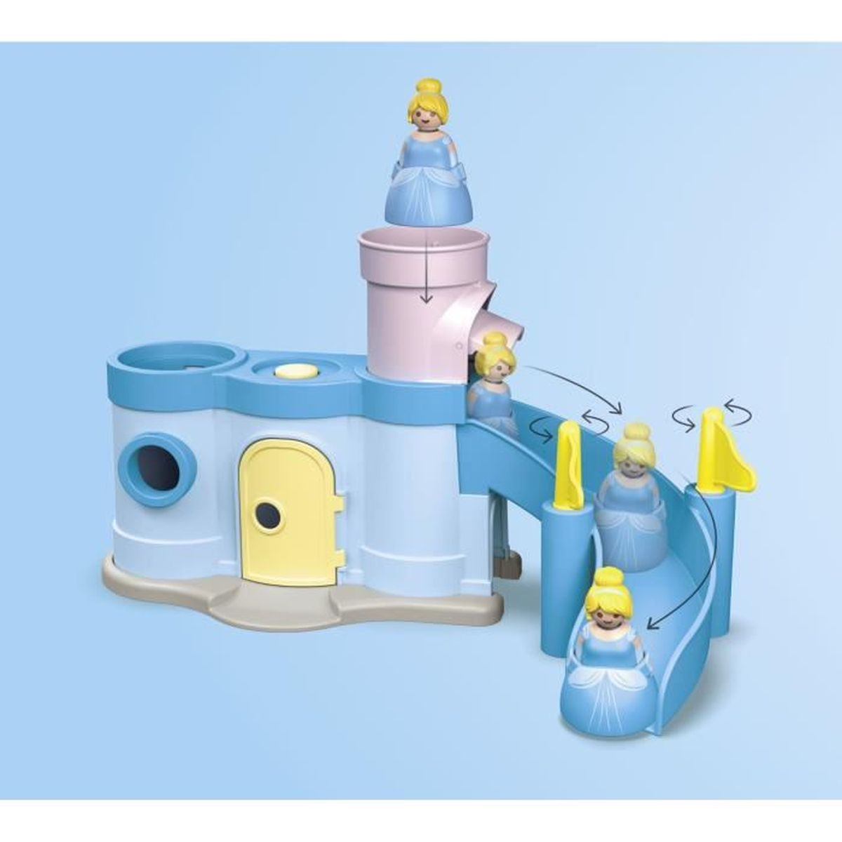Ein blaues Schlossspielzeug mit Prinzessinnenfiguren auf einer Rutsche.