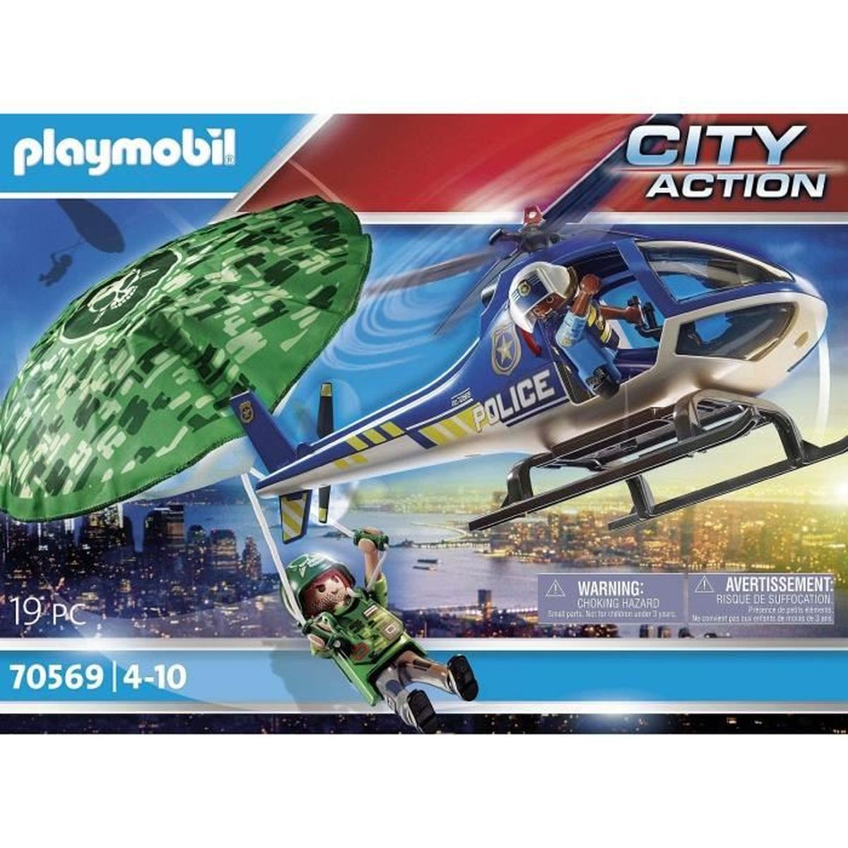 Playmobil Polizei-Helikopter mit Fallschirmspringer über einer Stadtkulisse.