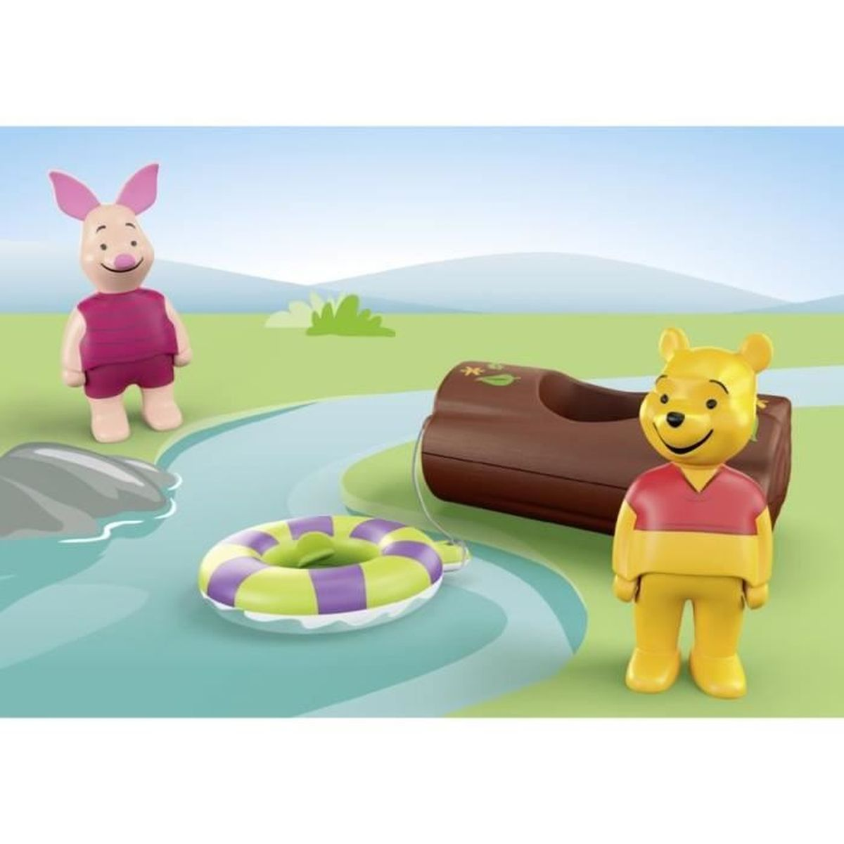 Winnie de Poeh en Piglet bij een rivier met boomstam en zwemband.