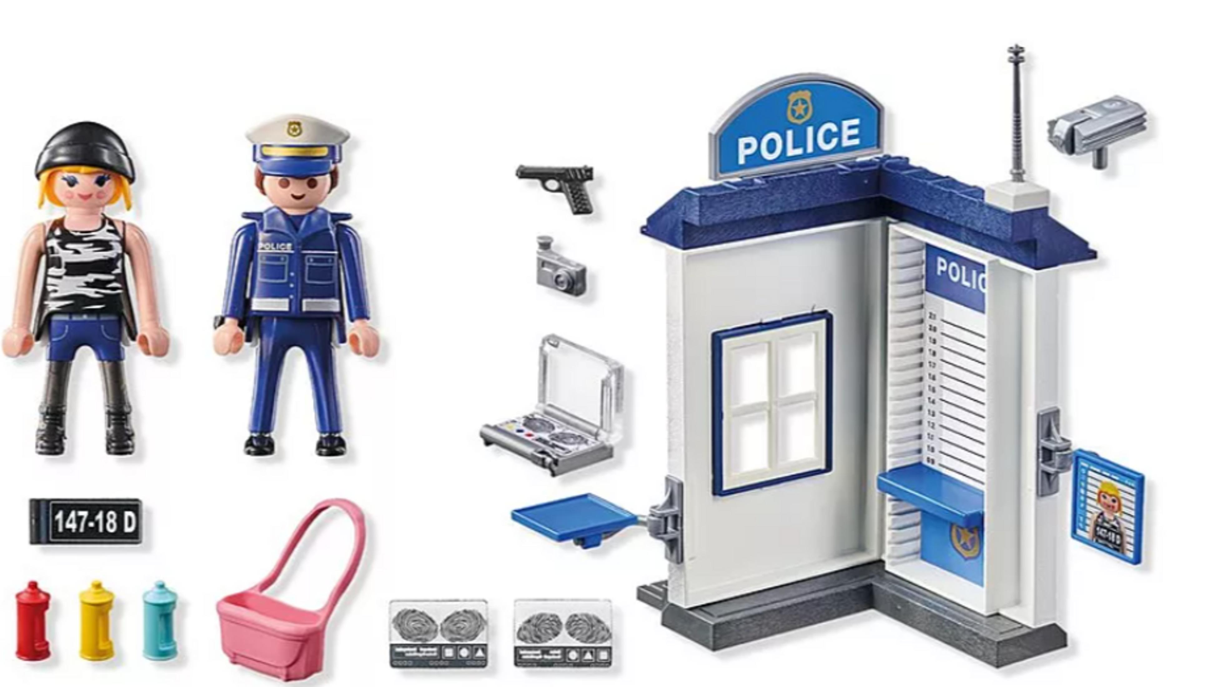 Zabawkowa stacja policji z figurkami, bronią, torbą i zestawami do odcisków palców.