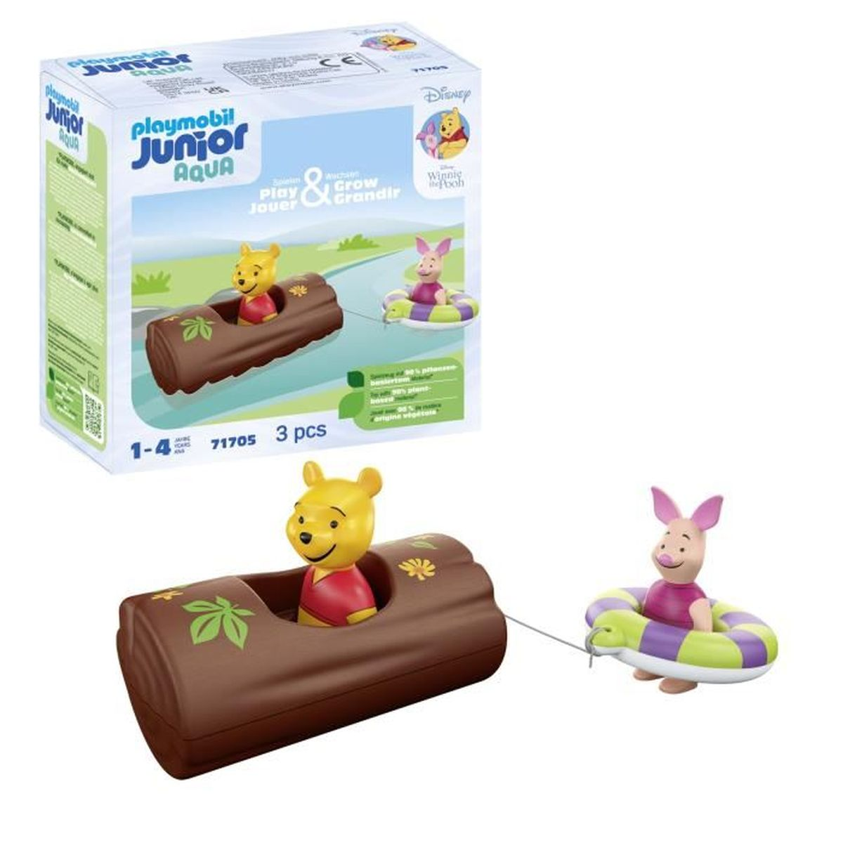 Winnie de Poeh en Knorretje figuren in een boomstam boot en zwemband.