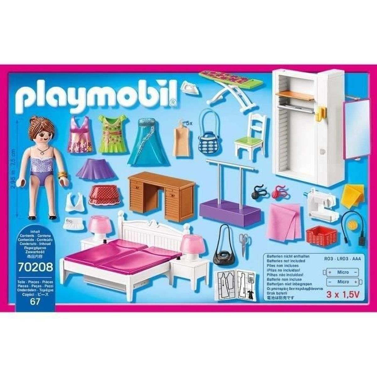 Set Playmobil con muñeca, ropa, cama, armario y muebles.
