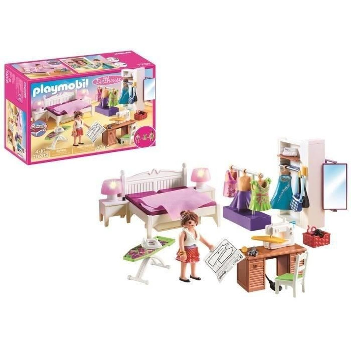 Set de casa de muñecas Playmobil con cama, armario, máquina de coser y tabla de planchar.