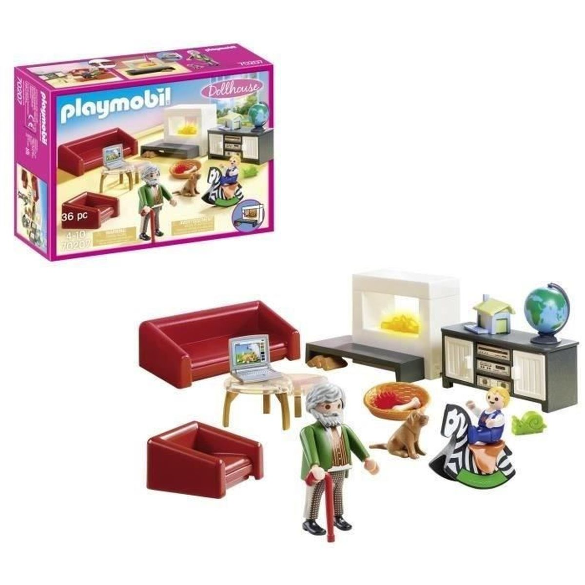 Playmobil Puppenhaus-Set mit Figuren, Möbeln, Hund, Zebrawippe und Kamin.