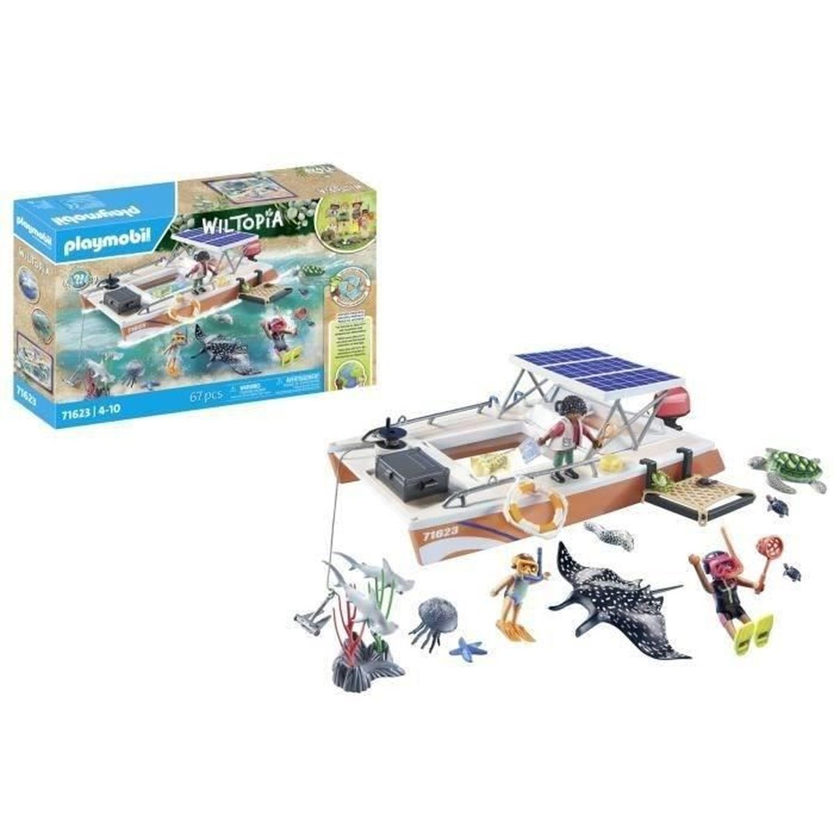Zestaw Playmobil z katamaranem, figurkami i morskimi stworzeniami, z panelem słonecznym na dachu.