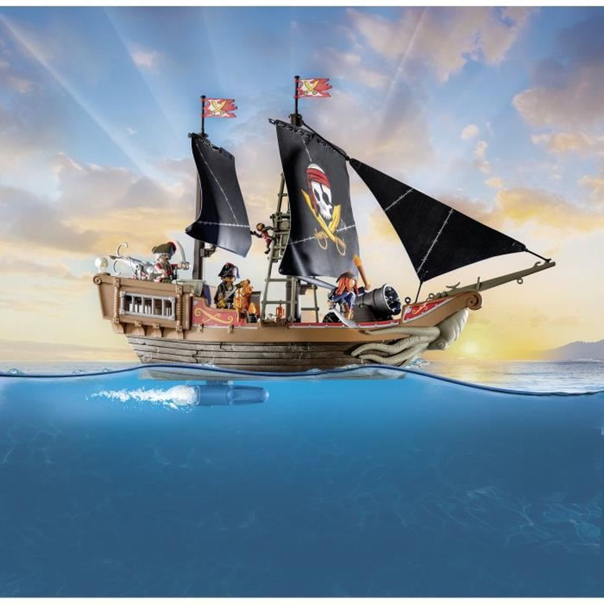 Un barco pirata con velas negras, bandera de calavera y figuras en el mar.