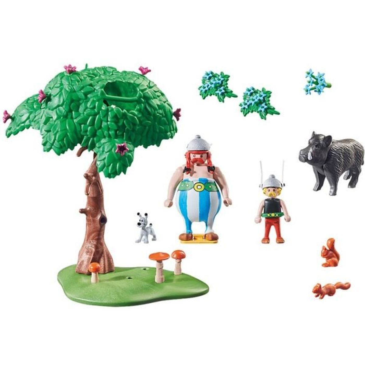 Figuras de juguete: árbol, setas, perro, dos hombres, jabalí y ardillas.