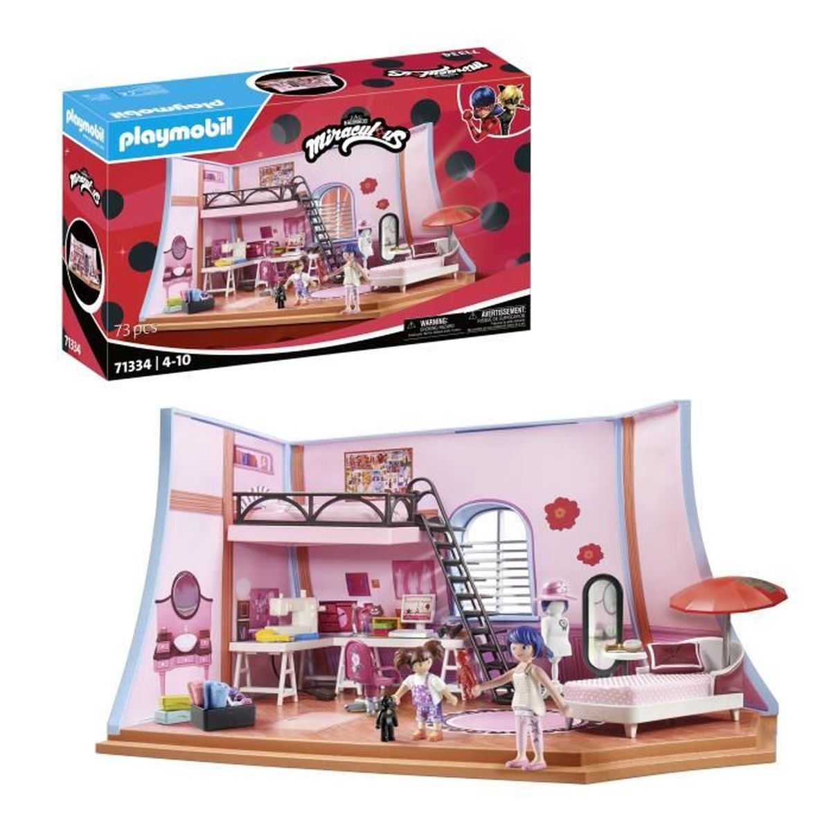 Ein Spielzeug-Schlafzimmer mit Figuren, Bett, Schreibtisch und Leiter.