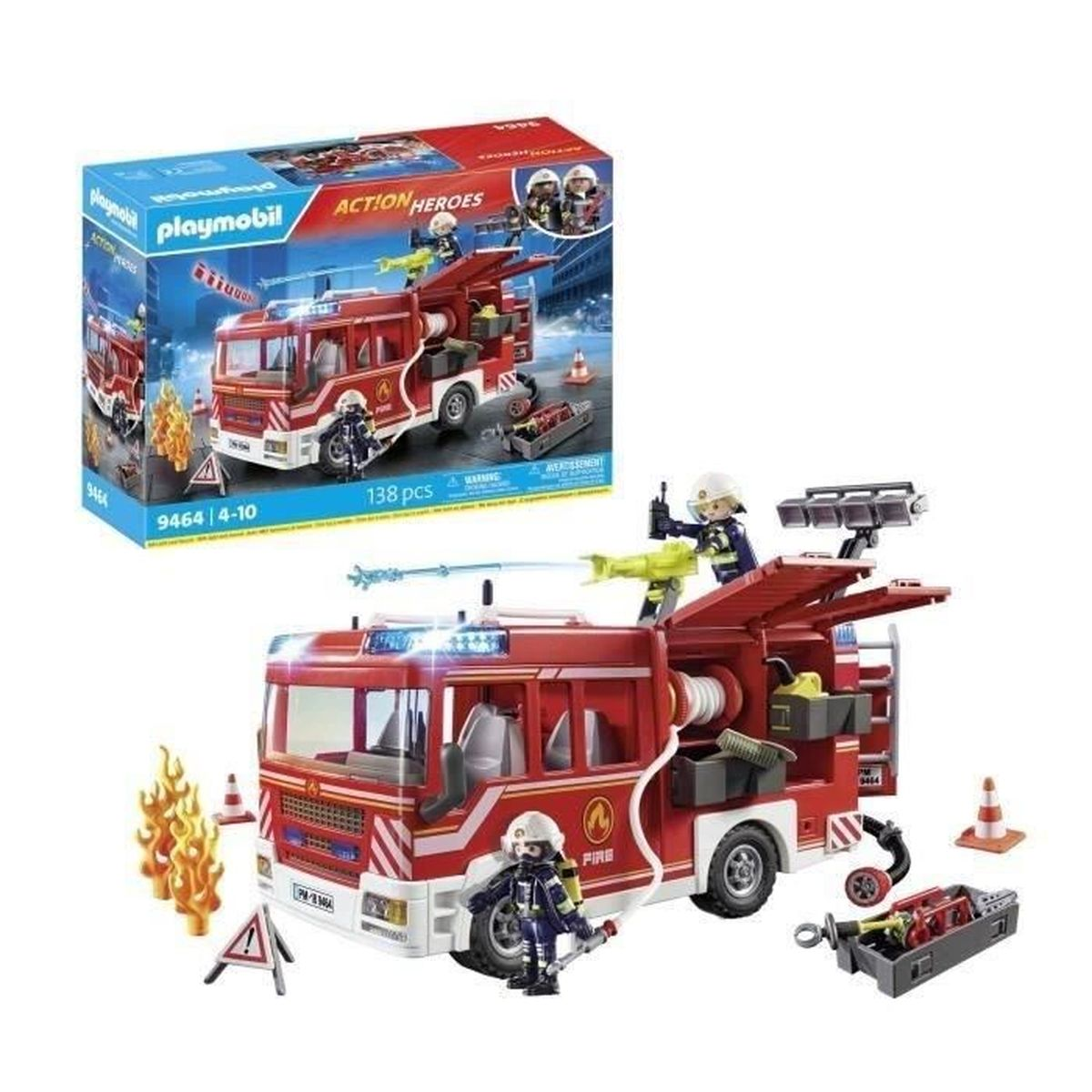 Un camión de bomberos de juguete rojo con accesorios y figuras. La caja está al fondo.