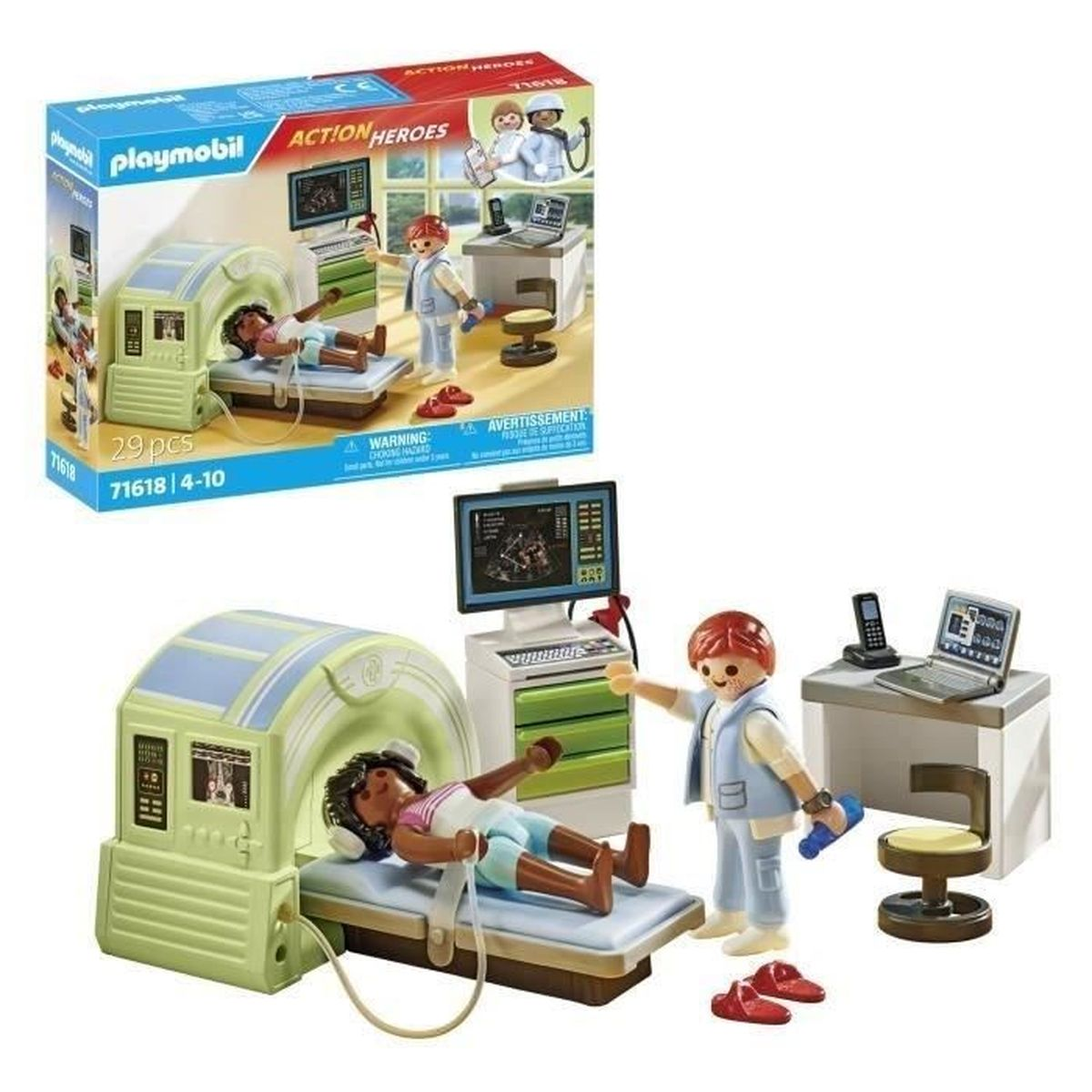 Playmobil MRT-Set mit Patientin auf Liege, Arzt und medizinischer Ausrüstung.