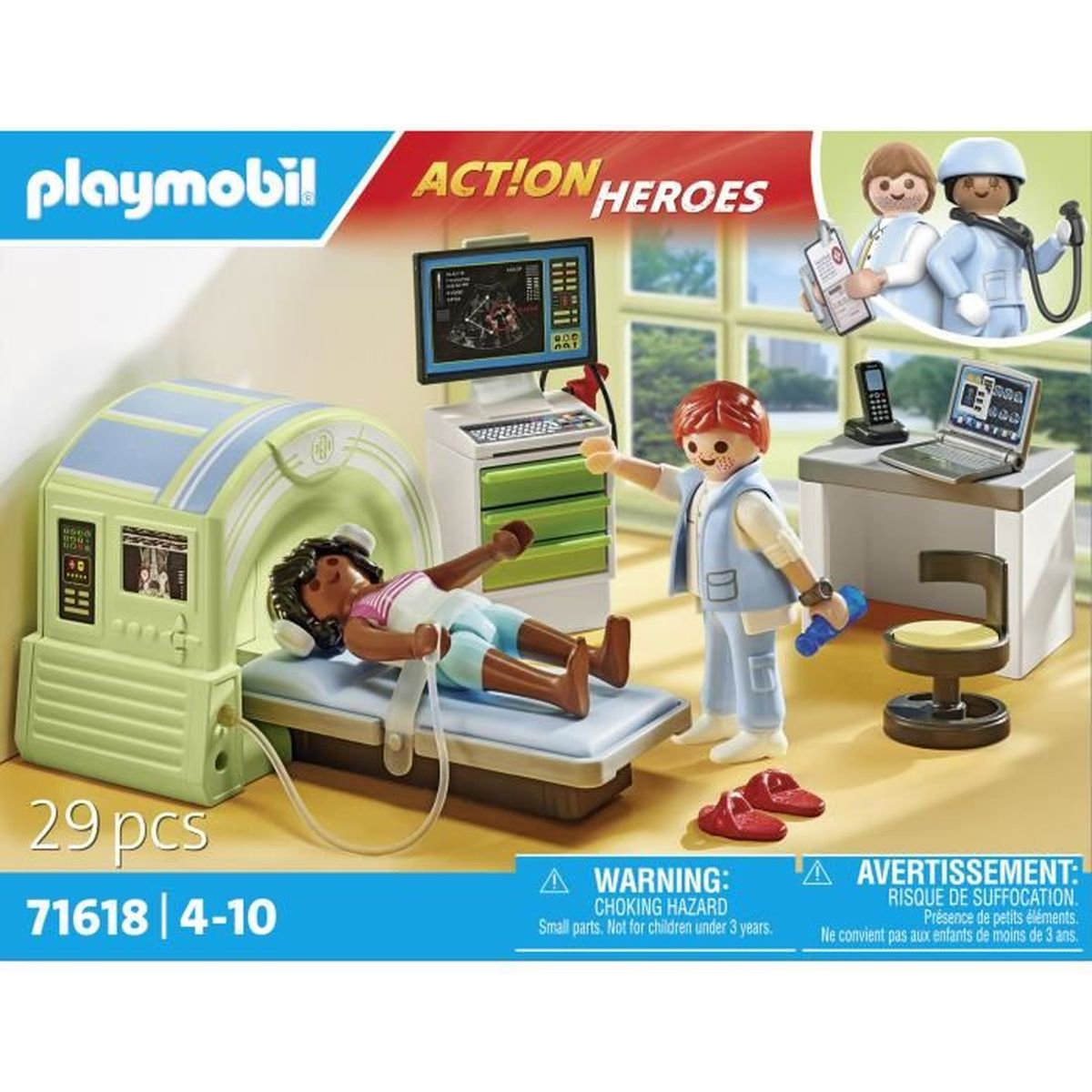 Playmobil MRT-Set mit Patientenliege, Arzt und medizinischer Ausrüstung.