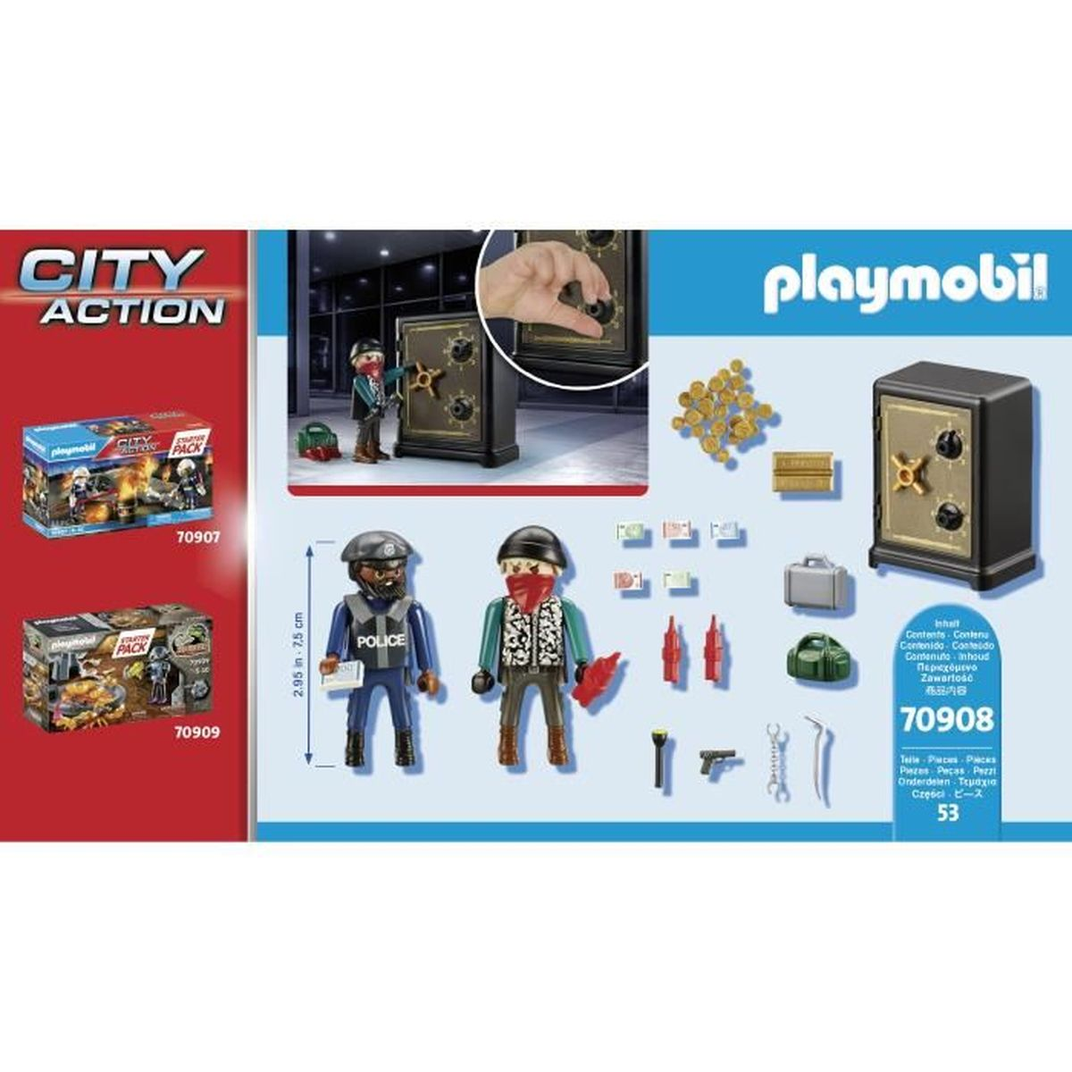 Set d'azione Playmobil con poliziotto, ladro, cassaforte e accessori.
