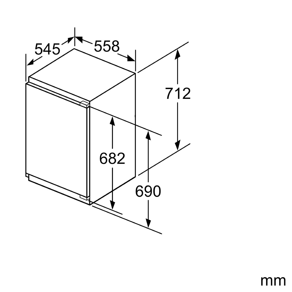 Technical drawing of an appliance with dimensions in mm: width 545, depth 558, height 712.