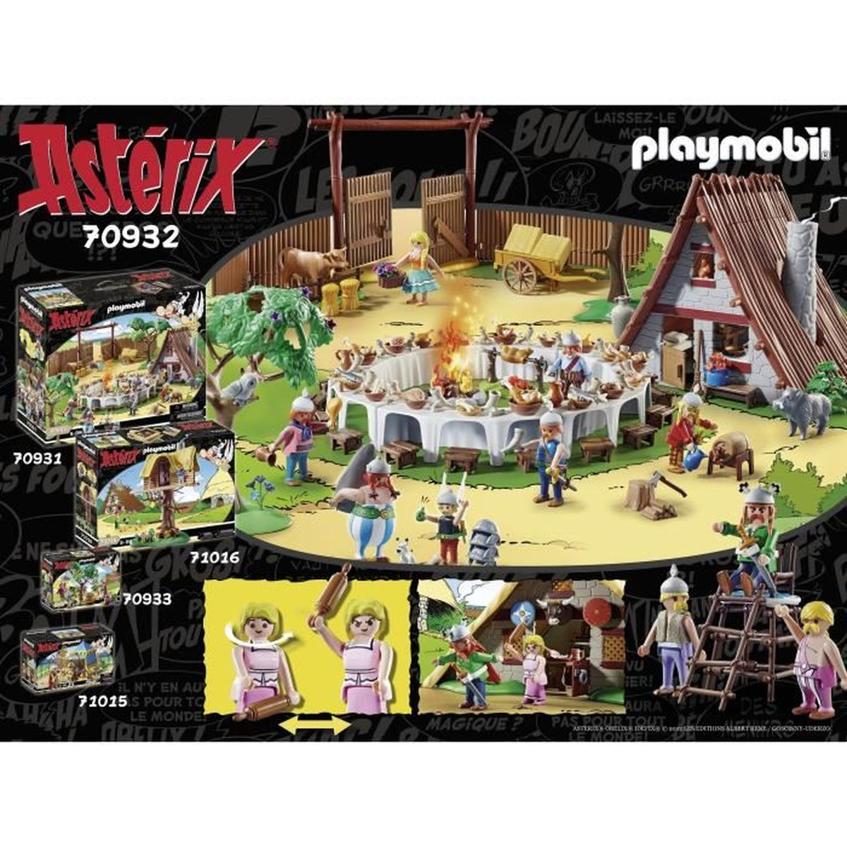 Escena de Playmobil con figuras, una casa, una mesa larga y cena al aire libre.