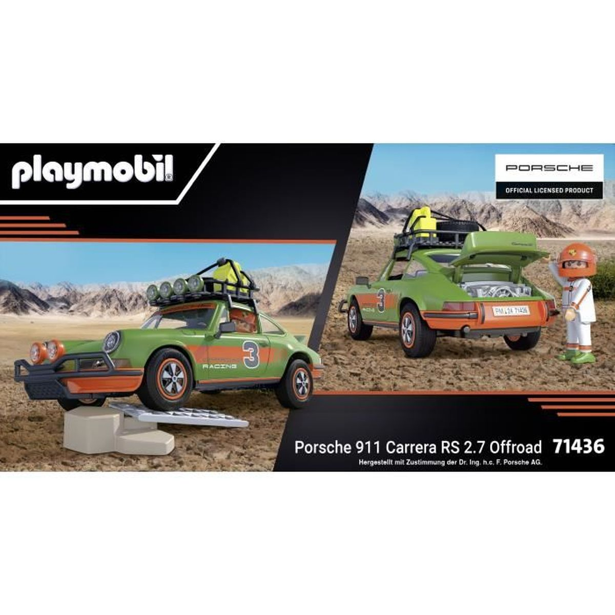 Grüner Porsche 911 Rallye mit Nummer 3 und orange Akzenten, auf einem Berg.