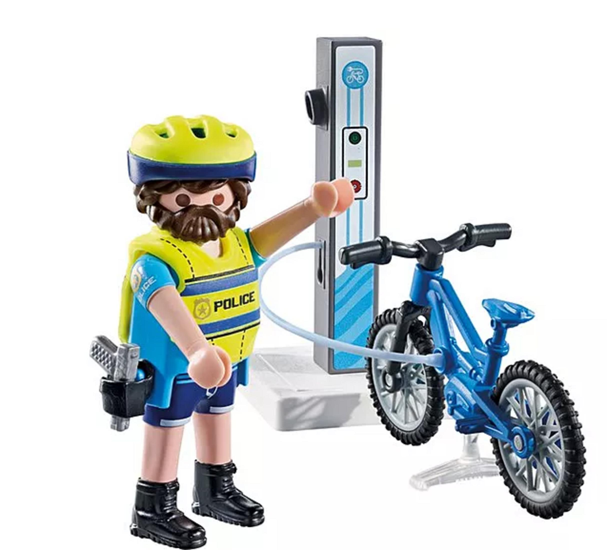 Un policía Playmobil con chaleco amarillo y camisa azul, bicicleta y bomba de aire.