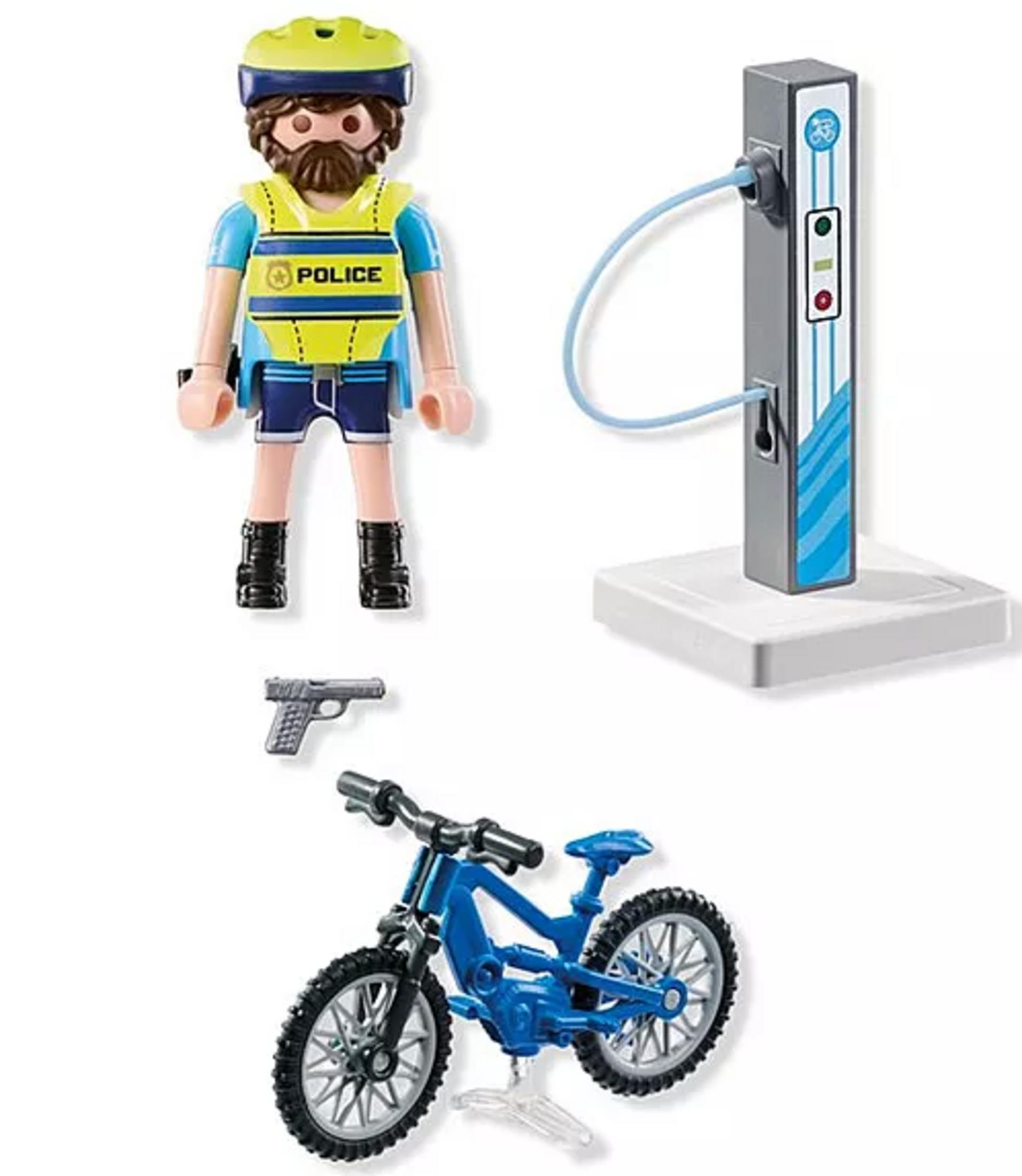 Figura de policía con bicicleta, pistola y estación de carga.