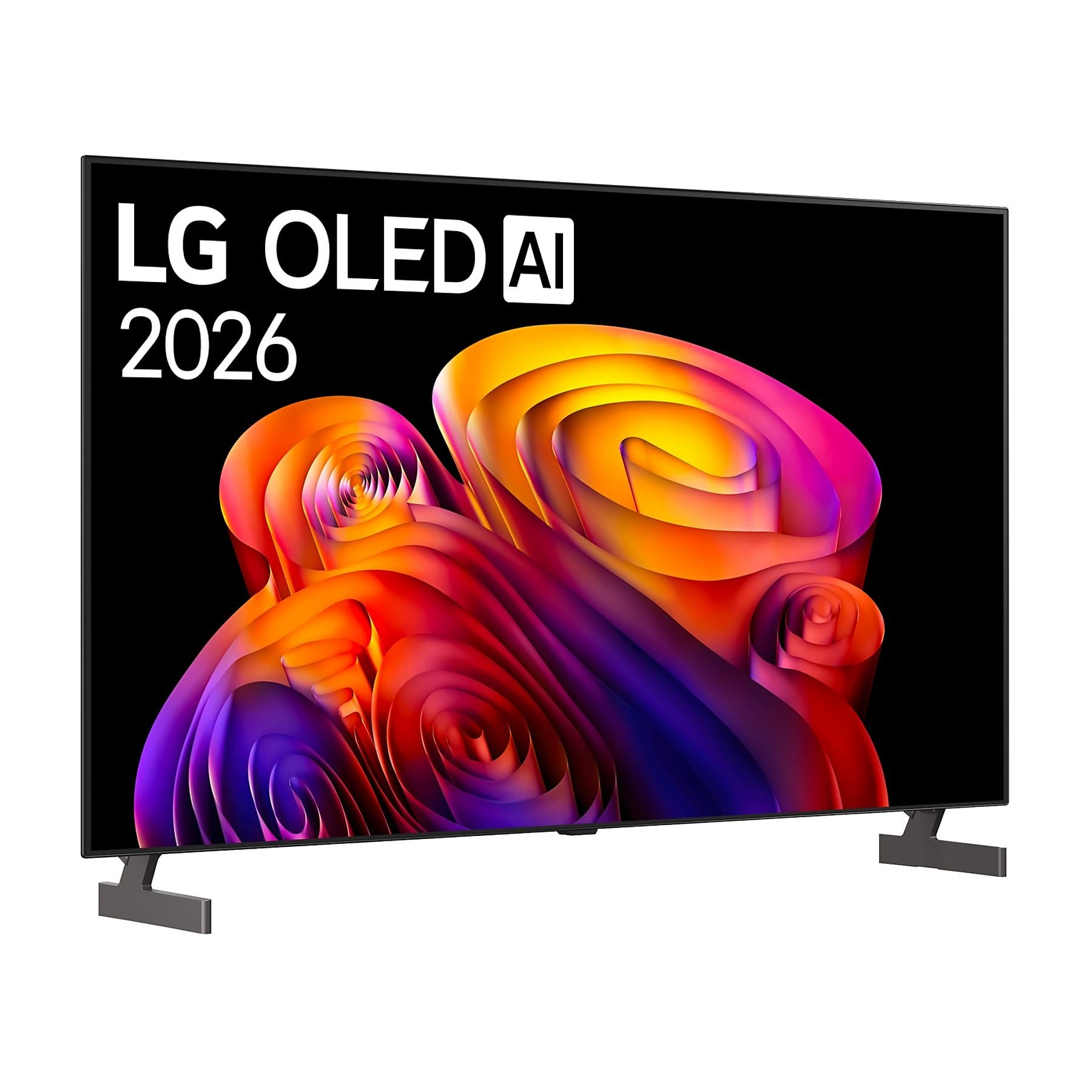TV LG OLED con sfondo astratto e colorato e piedini argentati.