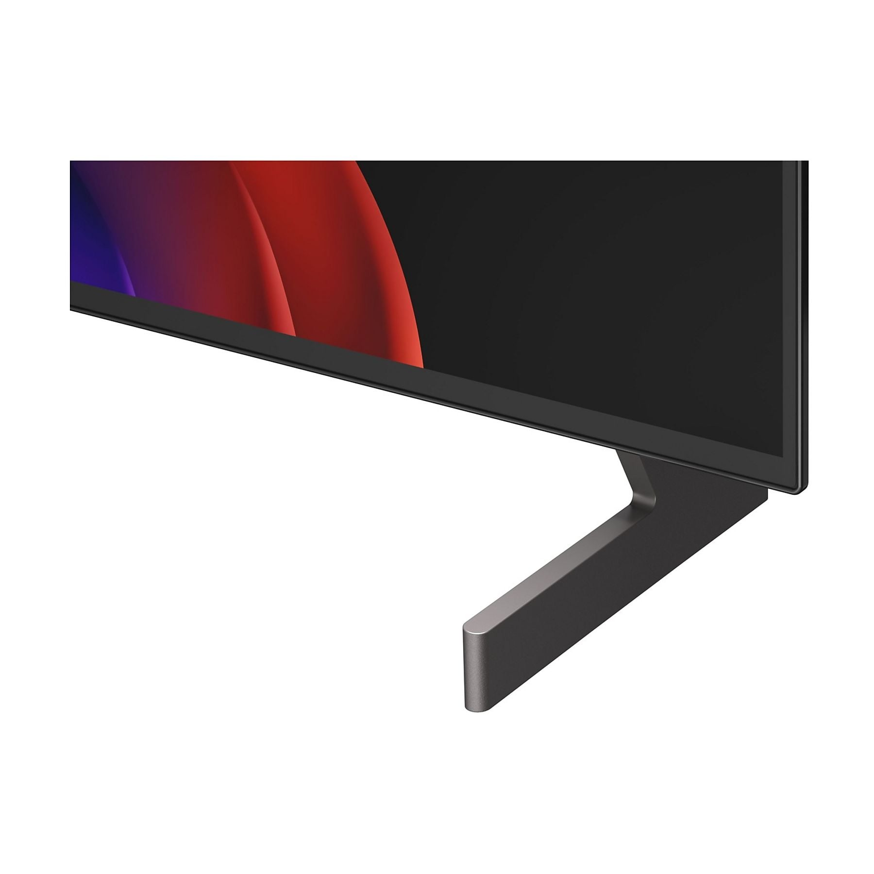 Parte di uno schermo TV con supporto moderno. Sfumatura rossa e blu sullo sfondo.