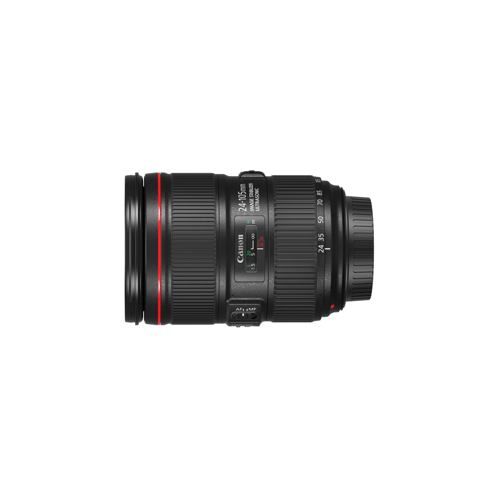 Zwarte Canon 24-105mm lens met rode ringen en focus/zoom ringen.