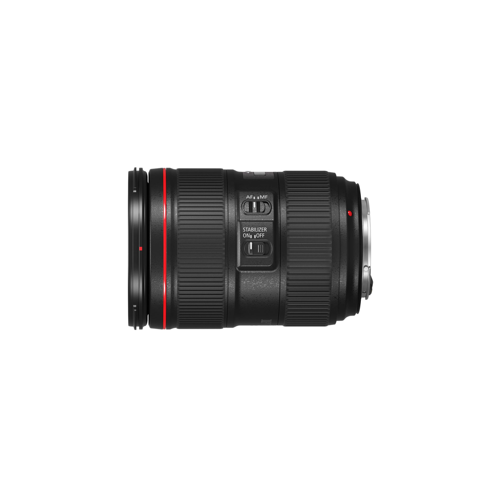 Zwarte cameralens met rode ringen en schakelaars voor AF/MF en stabilisator.