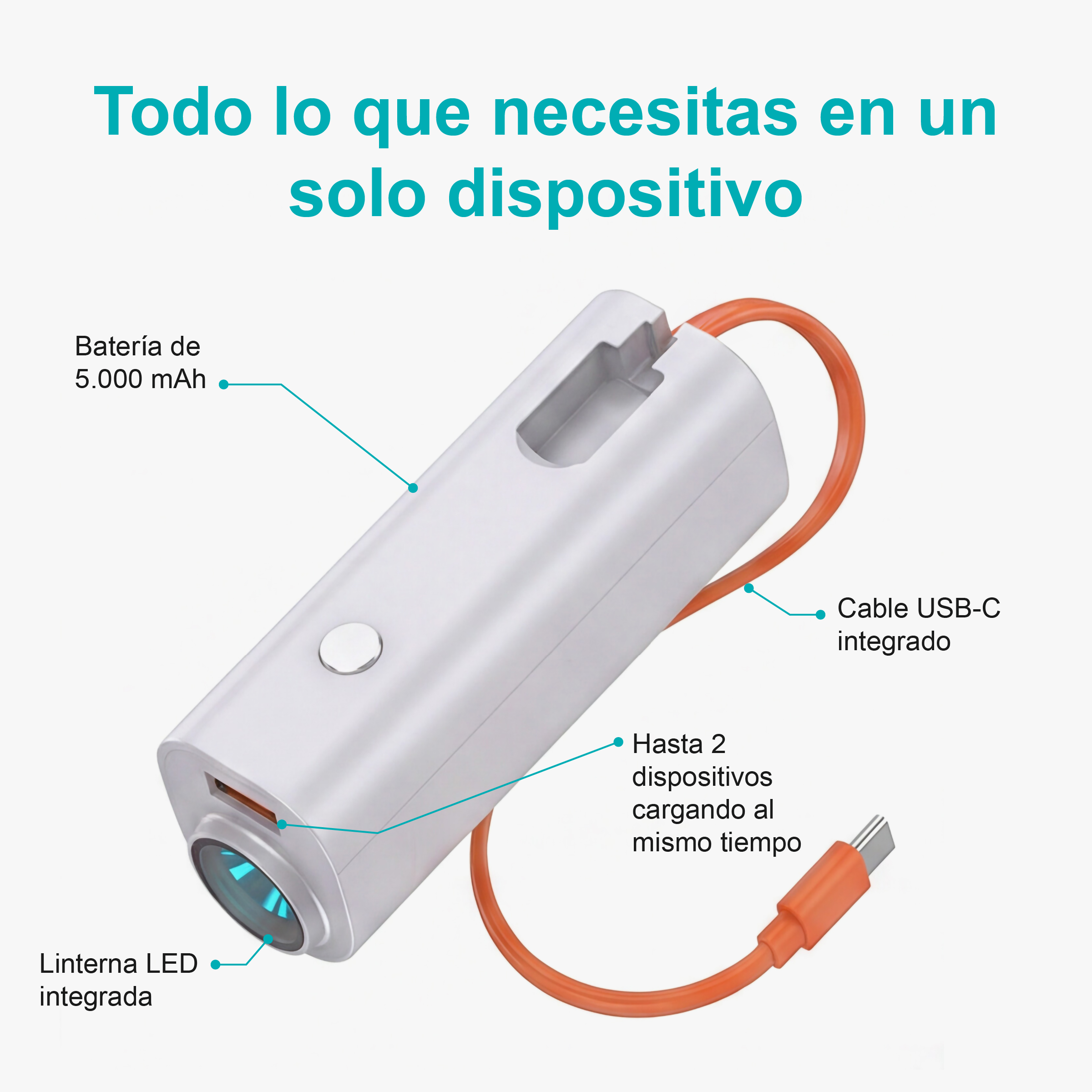 Un dispositivo multifunción blanco con linterna, cable USB-C y batería de 5000 mAh.