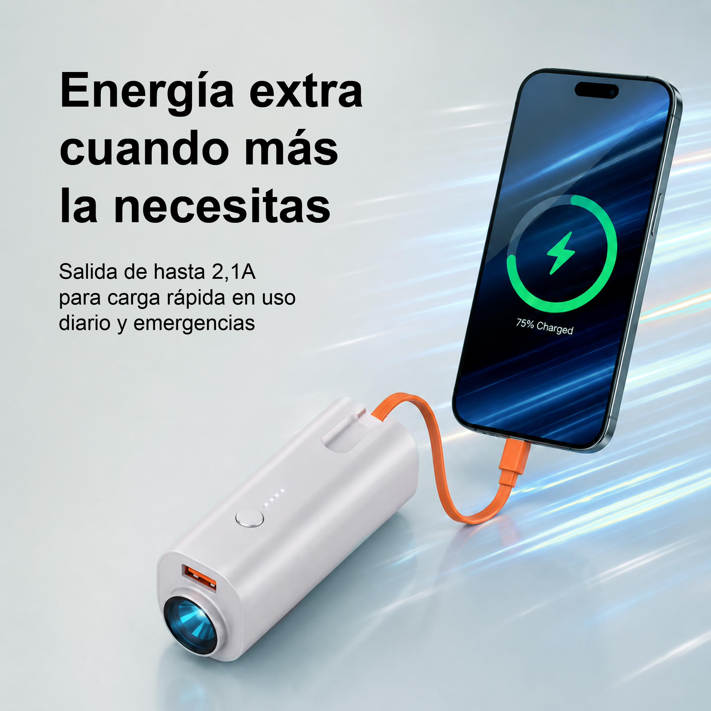 Un cargador portátil blanco carga un smartphone. La pantalla muestra 75% cargado.