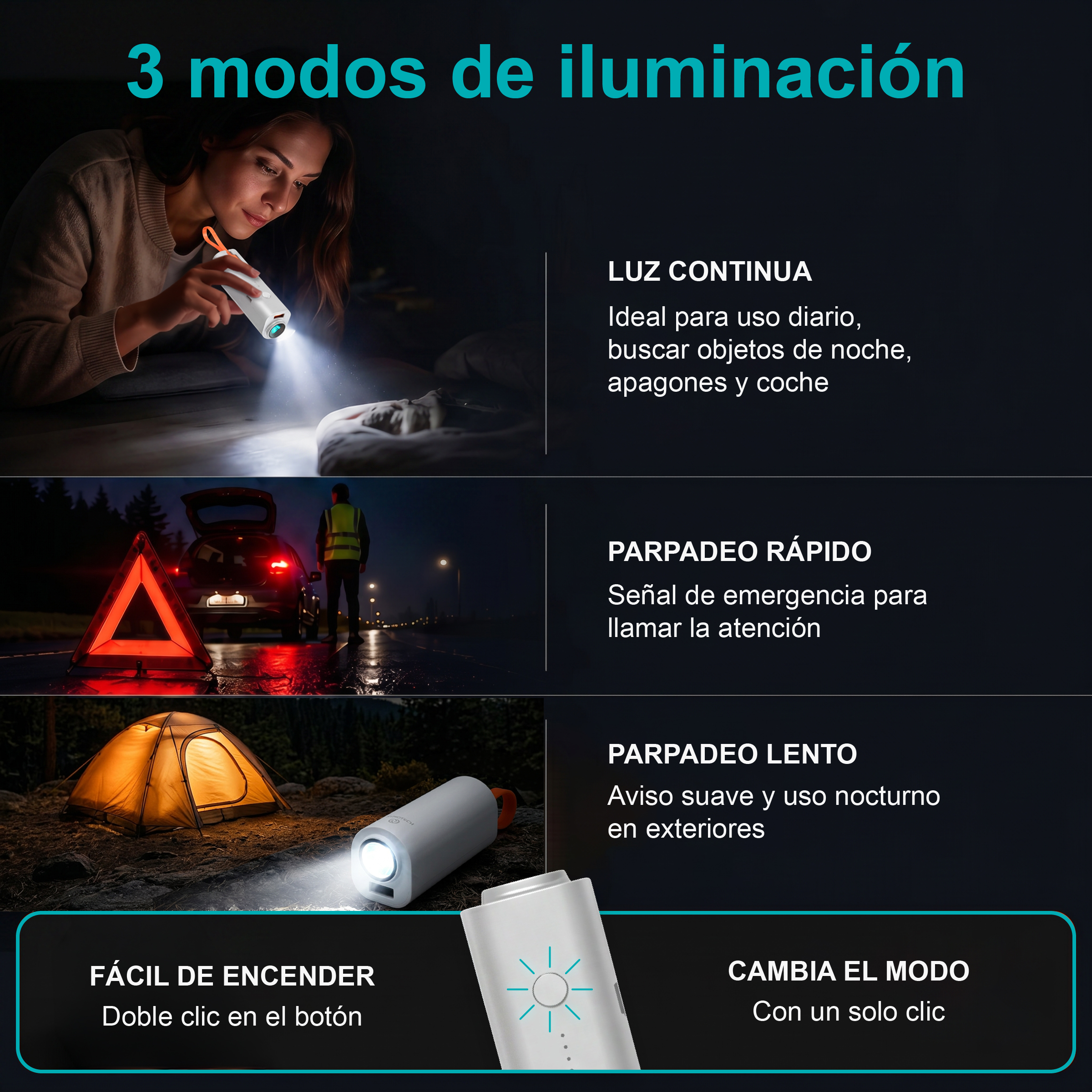 Tres modos de iluminación: Mujer con linterna, luces de emergencia, tienda. Fácil de encender/cambiar.
