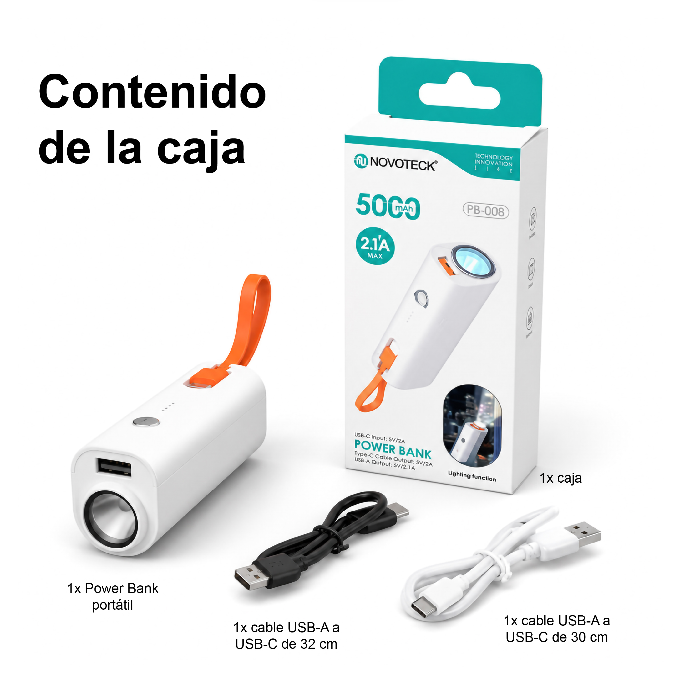 Un juego de power bank blanco con cables USB-C y una caja.